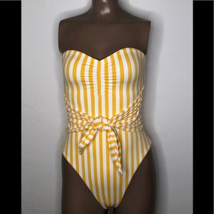 Onia Capri Strapless Striped Front Knot Swimsuit